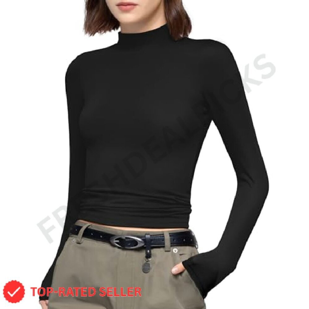 Mock Turtleneck Long Sleeve Tee Slim Fit Y2K Chic Minimal Basic Top - Picture 2 of 8